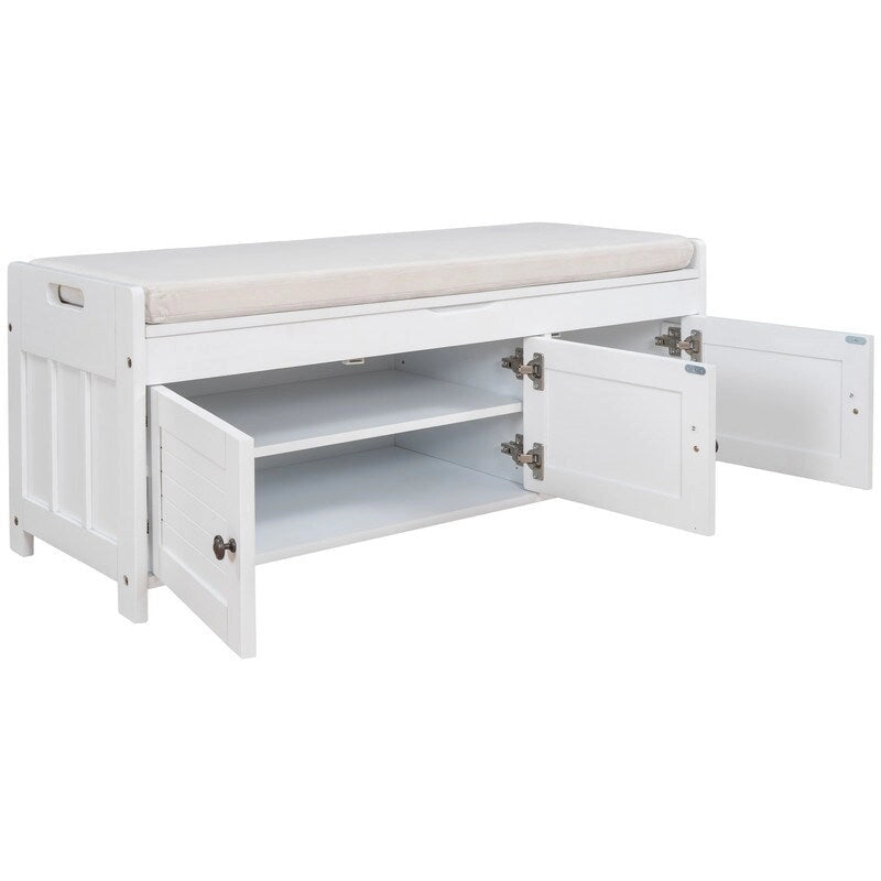 Wooden shoe storage stool with cushioned entrance bench with built-in adjustable shelf and flip top