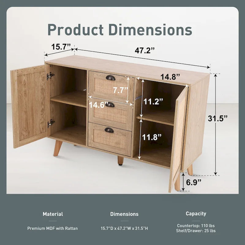 Rattan Drawer Accent Storage Cabinet for Living Room