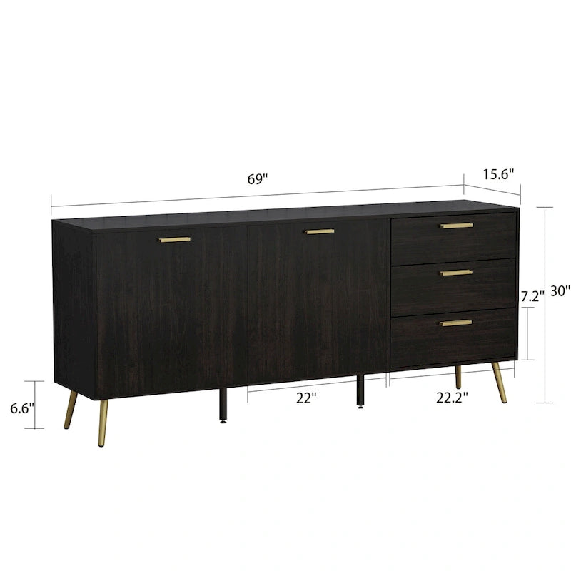 69-Inch Sideboard Buffet Cabinet with 3 Drawers and Shelves, Espresso/White