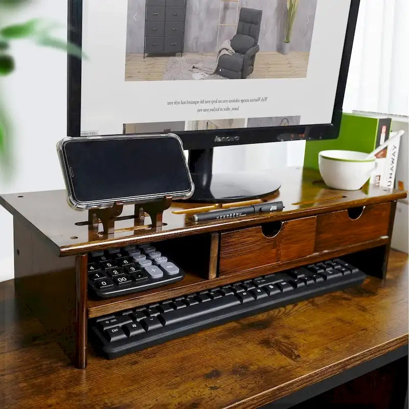 Wood Computer Monitor Stand Desktop Organizer with Drawer