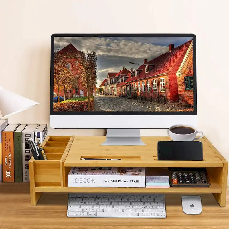 Wood Computer Monitor Stand Desktop Organizer with Drawer