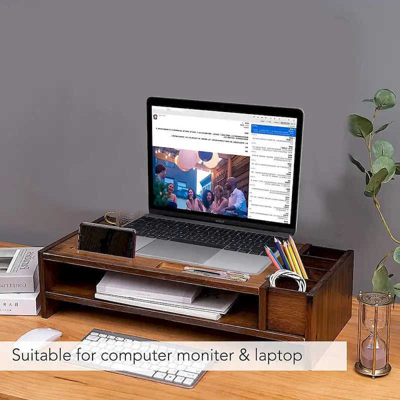 Wood Computer Monitor Stand Desktop Organizer with Drawer
