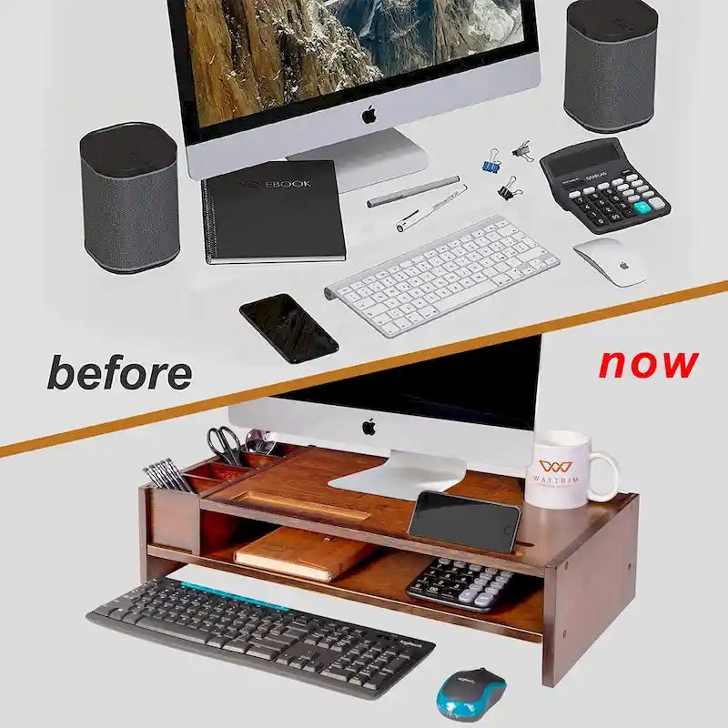 Wood Computer Monitor Stand Desktop Organizer with Drawer