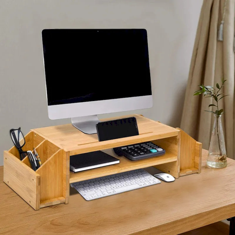Wood Computer Monitor Stand Desktop Organizer with Drawer