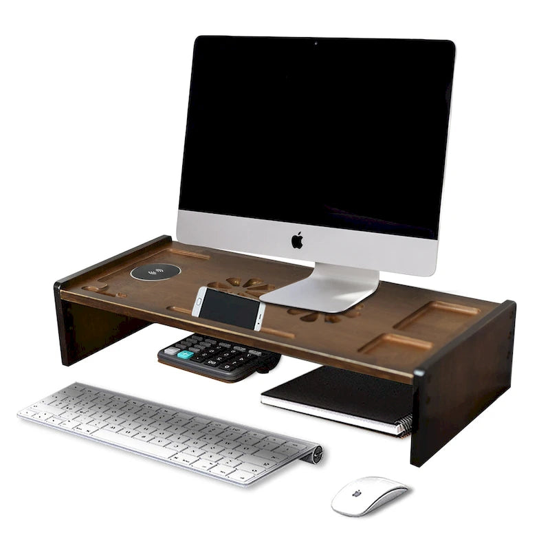 Wood Computer Monitor Stand Desktop Organizer with Drawer