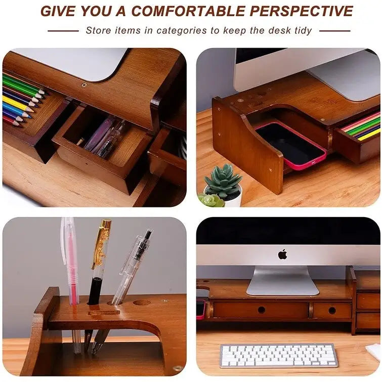 Wood Computer Monitor Stand Desktop Organizer with Drawer