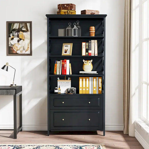 2 Drawer Black File Cabinet with Storage Shelves