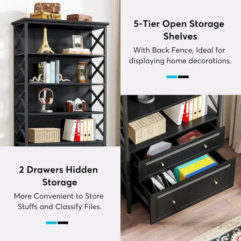 2 Drawer Black File Cabinet with Storage Shelves