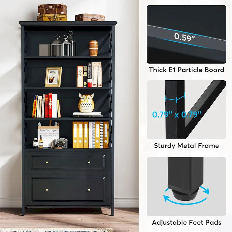 2 Drawer Black File Cabinet with Storage Shelves