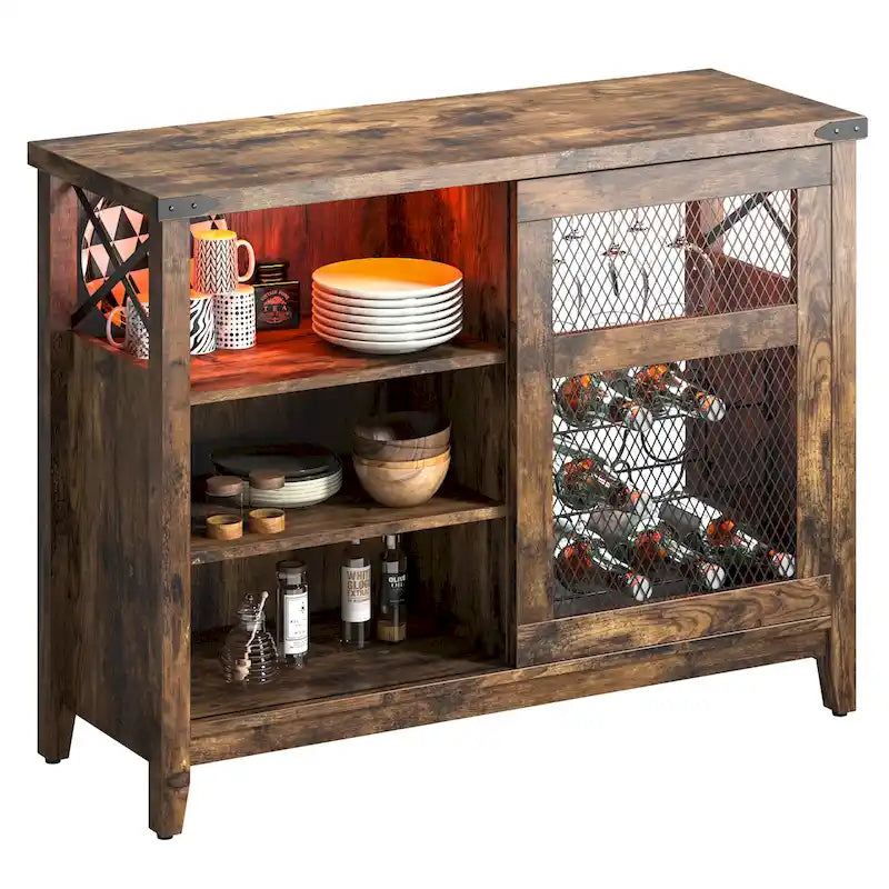 Wine Bar Cabinet with Storage Sliding Door & LED Lights - 42 inch