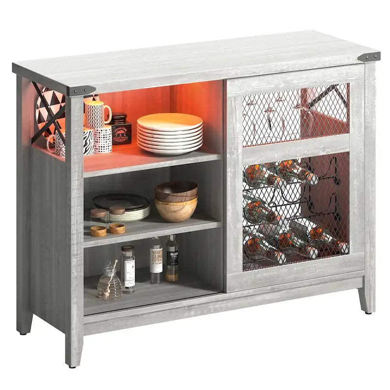Wine Bar Cabinet with Storage Sliding Door & LED Lights - 42 inch