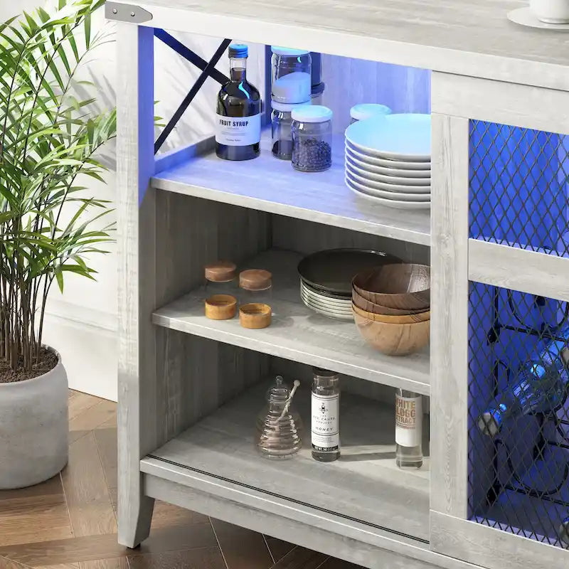 Wine Bar Cabinet with Storage Sliding Door & LED Lights - 42 inch