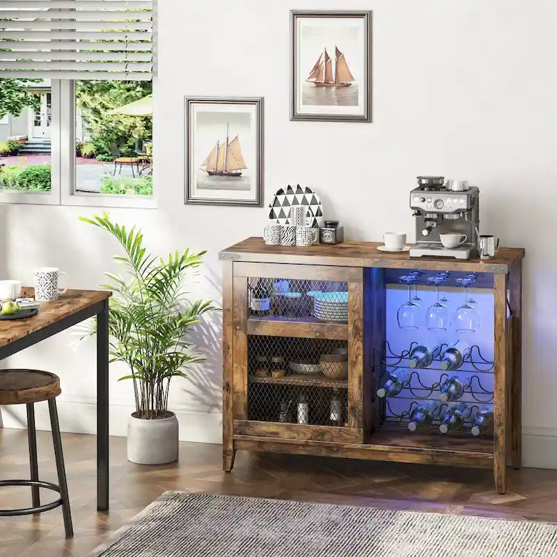 Wine Bar Cabinet with Storage Sliding Door & LED Lights - 42 inch