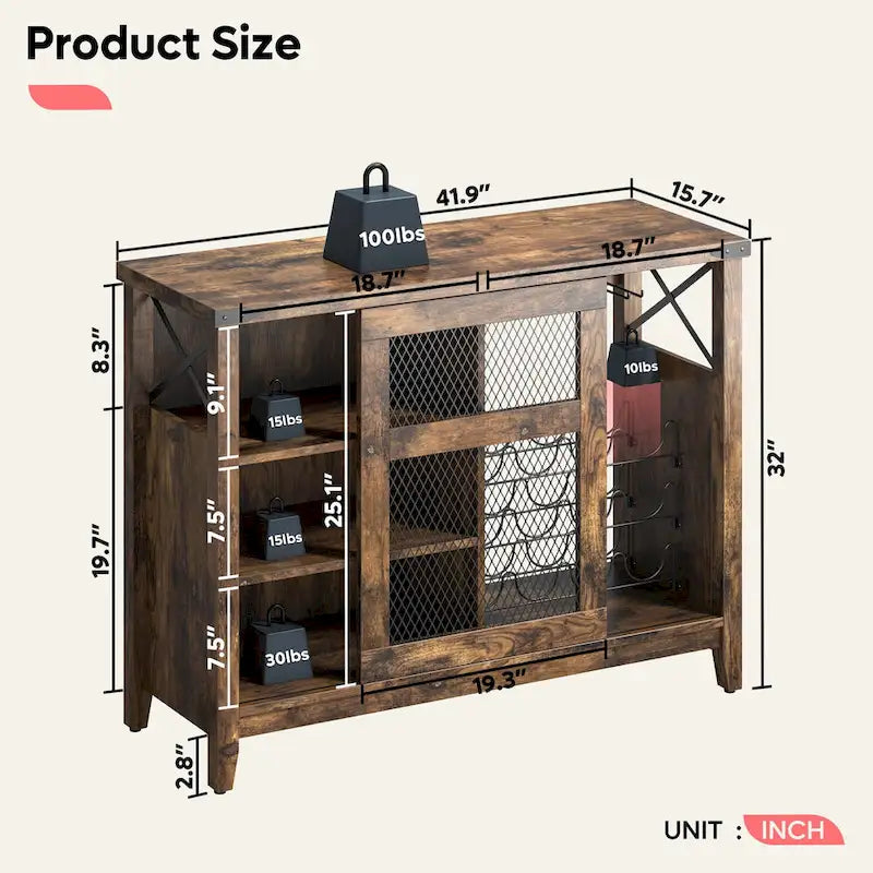 Wine Bar Cabinet with Storage Sliding Door & LED Lights - 42 inch