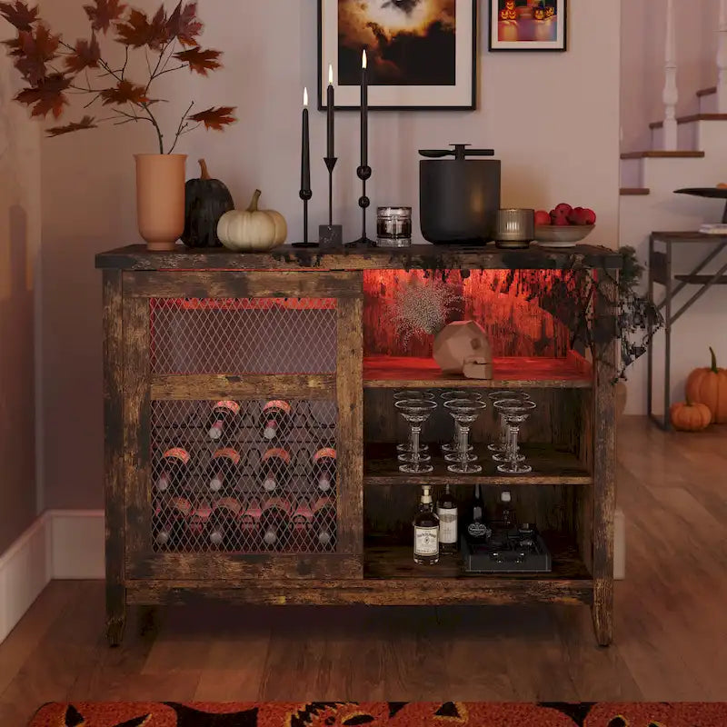 Wine Bar Cabinet with Storage Sliding Door & LED Lights - 42 inch