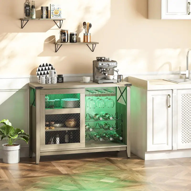 Wine Bar Cabinet with Storage Sliding Door & LED Lights - 42 inch