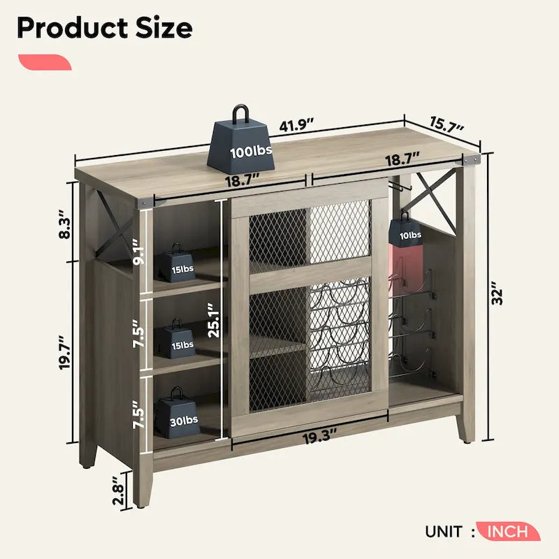 Wine Bar Cabinet with Storage Sliding Door & LED Lights - 42 inch
