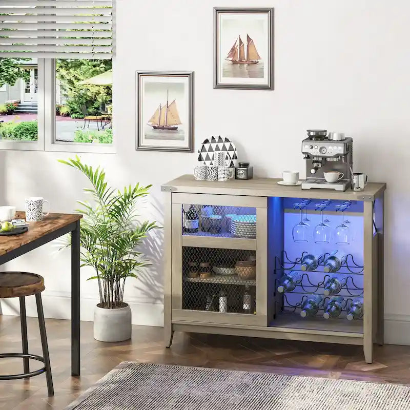 Wine Bar Cabinet with Storage Sliding Door & LED Lights - 42 inch