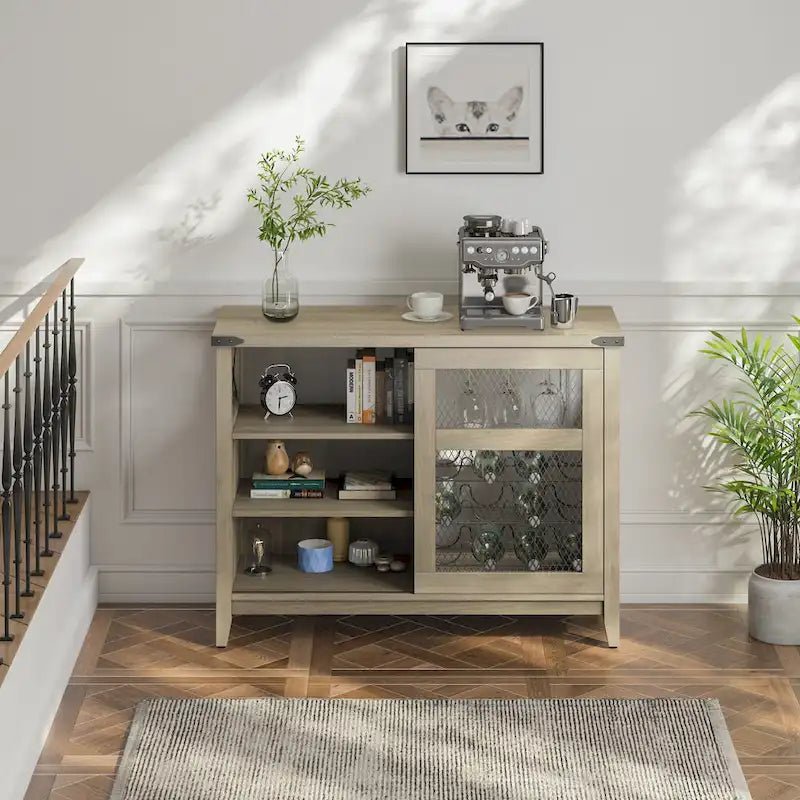 Wine Bar Cabinet with Storage Sliding Door & LED Lights - 42 inch