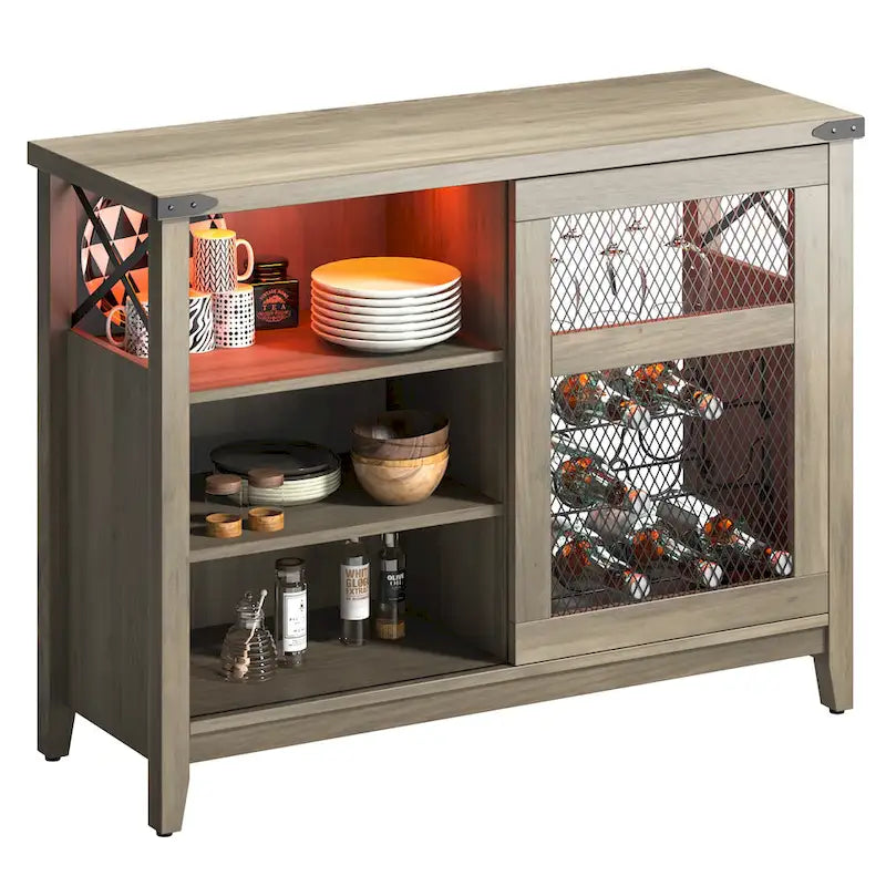 Wine Bar Cabinet with Storage Sliding Door & LED Lights - 42 inch