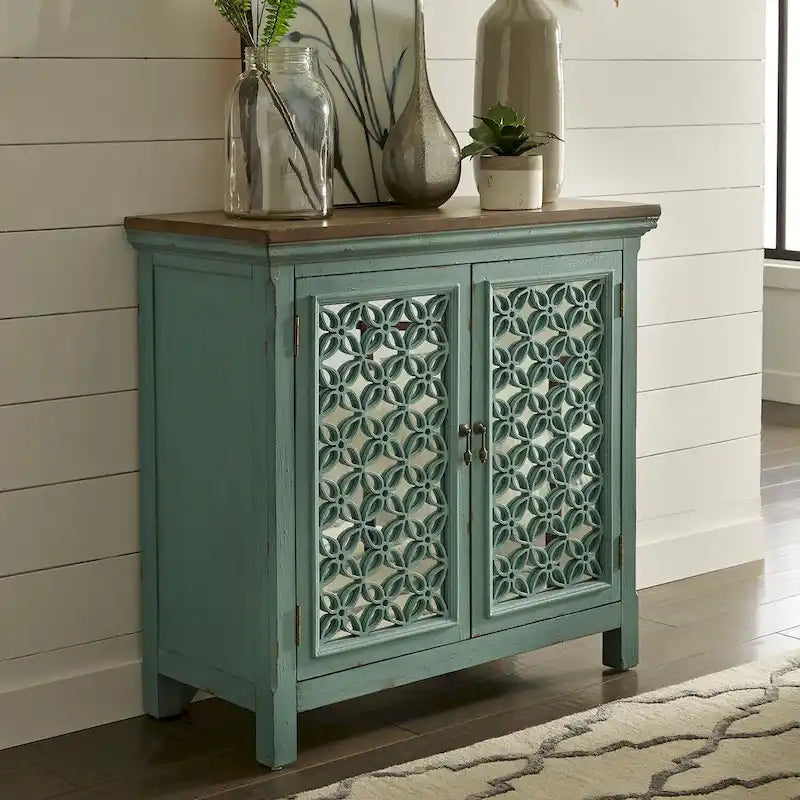 Turquoise 2-Door Accent Cabinet with Worn Wood Tone Top