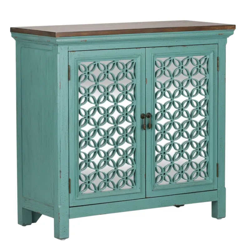 Turquoise 2-Door Accent Cabinet with Worn Wood Tone Top