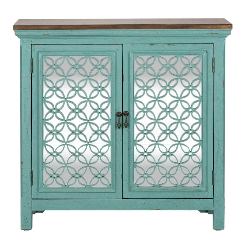 Turquoise 2-Door Accent Cabinet with Worn Wood Tone Top