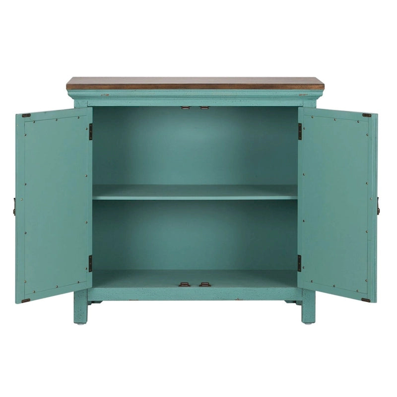 Turquoise 2-Door Accent Cabinet with Worn Wood Tone Top