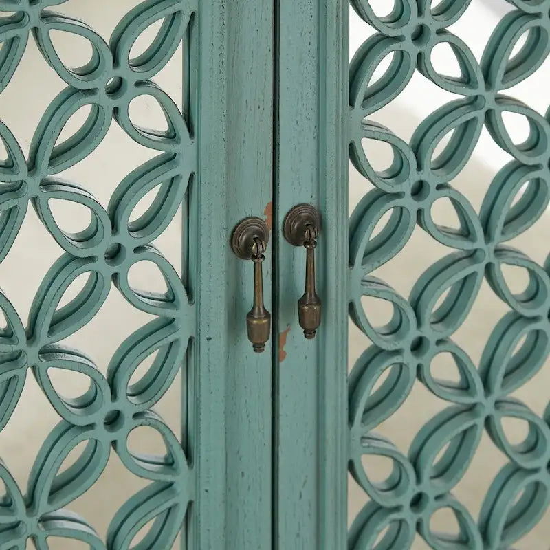 Turquoise 2-Door Accent Cabinet with Worn Wood Tone Top