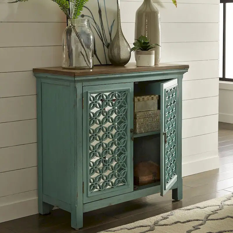 Turquoise 2-Door Accent Cabinet with Worn Wood Tone Top