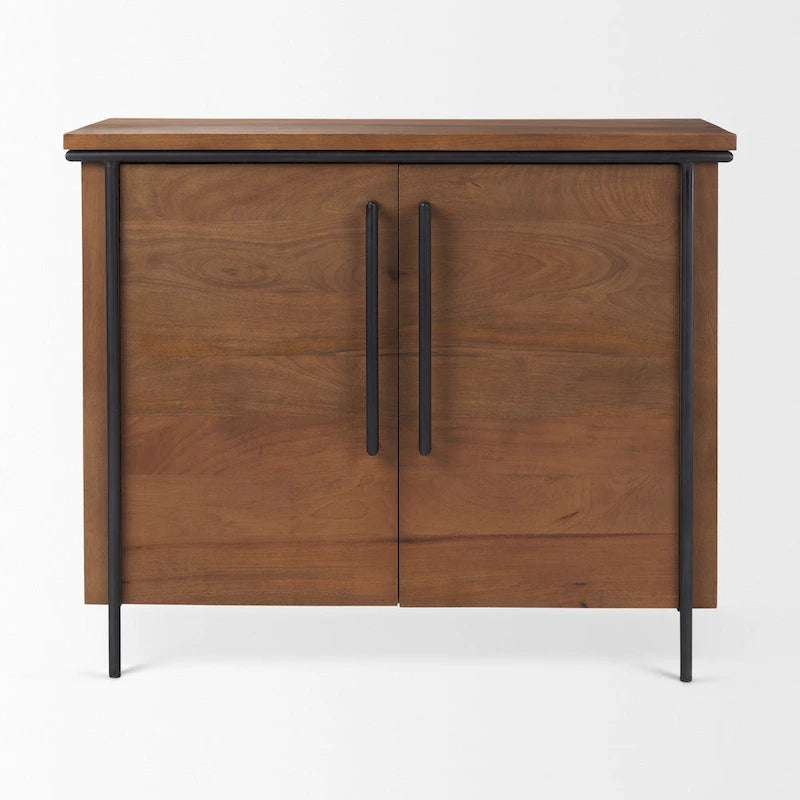 Medium Brown Solid Wood and Black Iron 2-Door Accent Cabinet