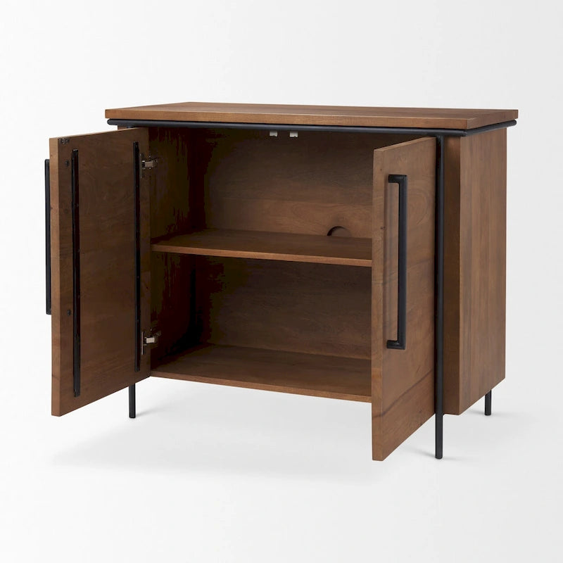 Medium Brown Solid Wood and Black Iron 2-Door Accent Cabinet