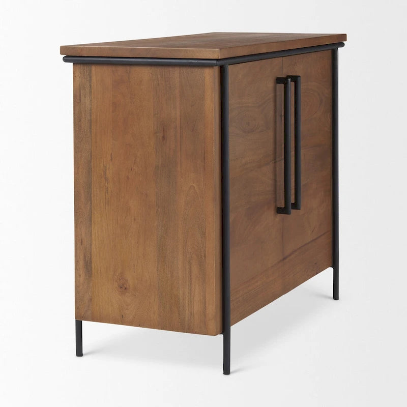 Medium Brown Solid Wood and Black Iron 2-Door Accent Cabinet