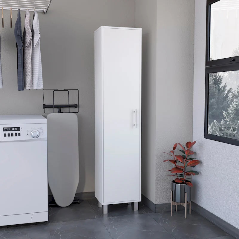 Tall Narrow Storage Cabinet with 5-Tier Shelf and Broom Hangers, White