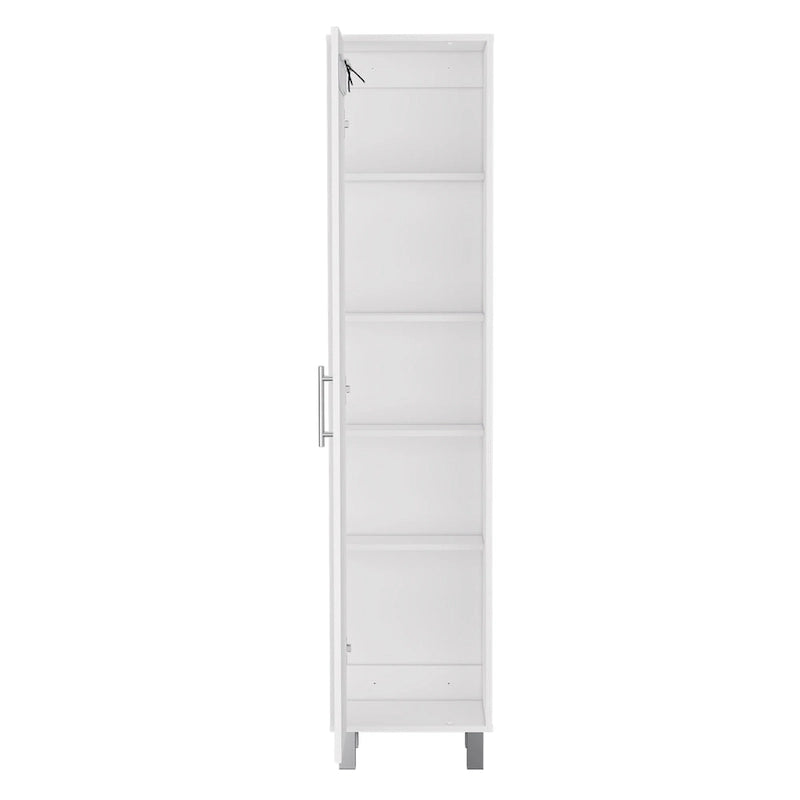 Tall Narrow Storage Cabinet with 5-Tier Shelf and Broom Hangers, White