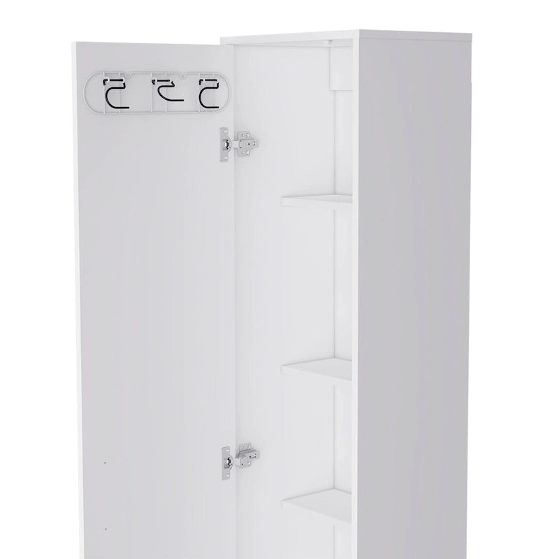 Tall Narrow Storage Cabinet with 5-Tier Shelf and Broom Hangers, White