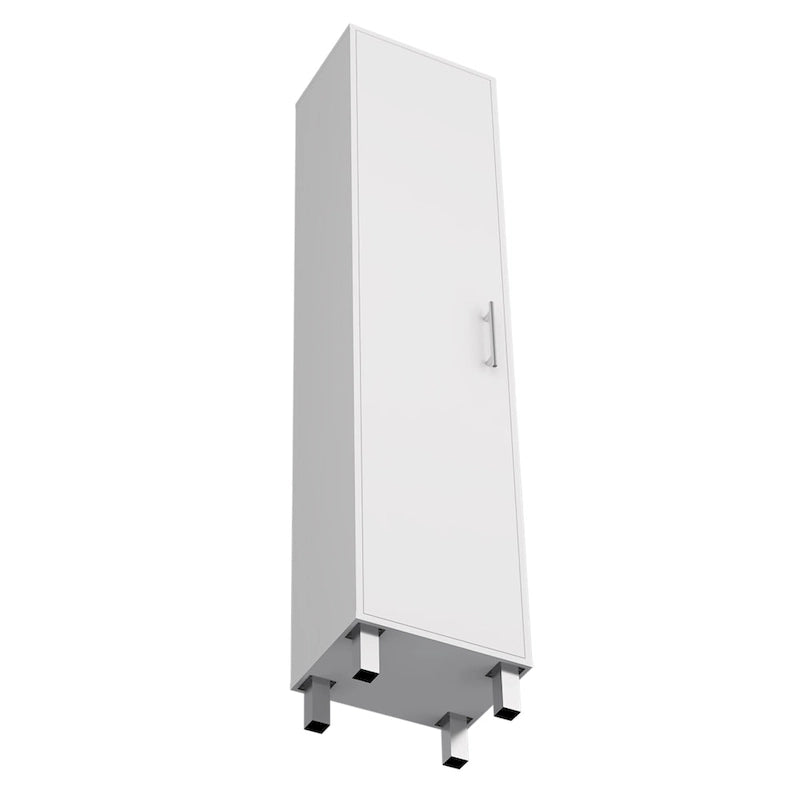 Tall Narrow Storage Cabinet with 5-Tier Shelf and Broom Hangers, White
