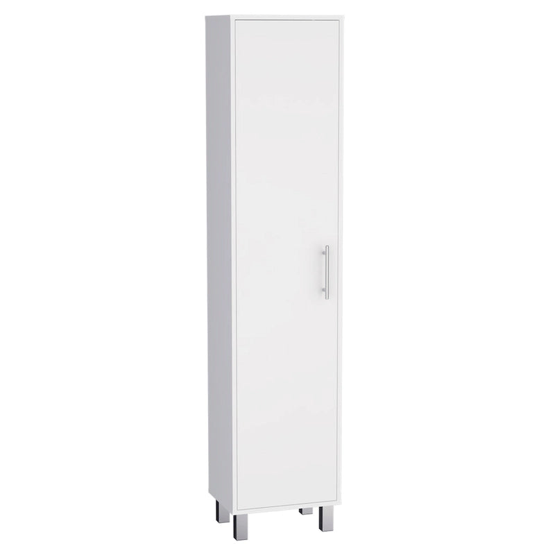 Tall Narrow Storage Cabinet with 5-Tier Shelf and Broom Hangers, White