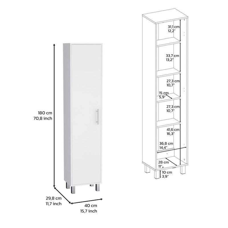 Tall Narrow Storage Cabinet with 5-Tier Shelf and Broom Hangers, White