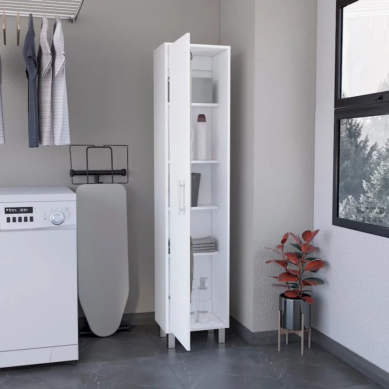 Tall Narrow Storage Cabinet with 5-Tier Shelf and Broom Hangers, White