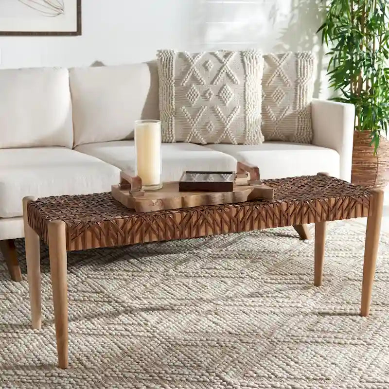 Wood and Interlaced Leather Bench - 47W x 16D x 19H