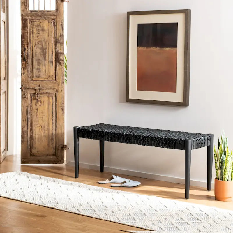 Wood and Interlaced Leather Bench - 47W x 16D x 19H