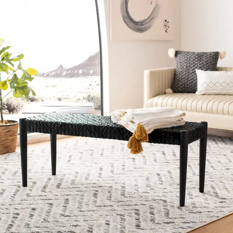 Wood and Interlaced Leather Bench - 47W x 16D x 19H