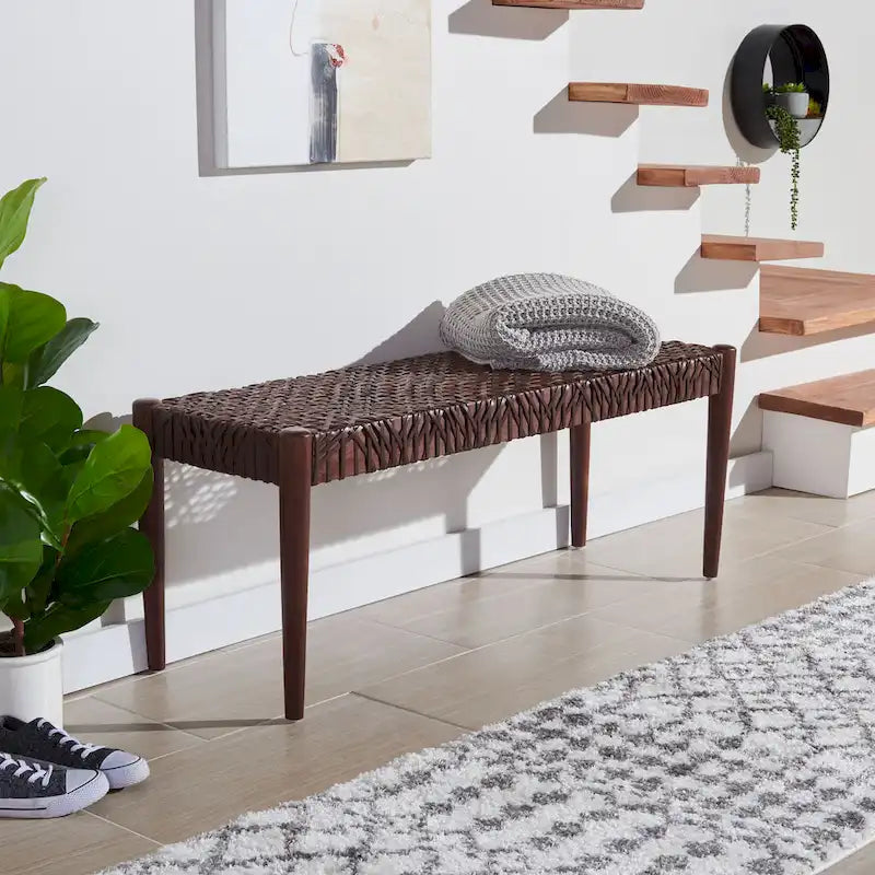 Wood and Interlaced Leather Bench - 47W x 16D x 19H