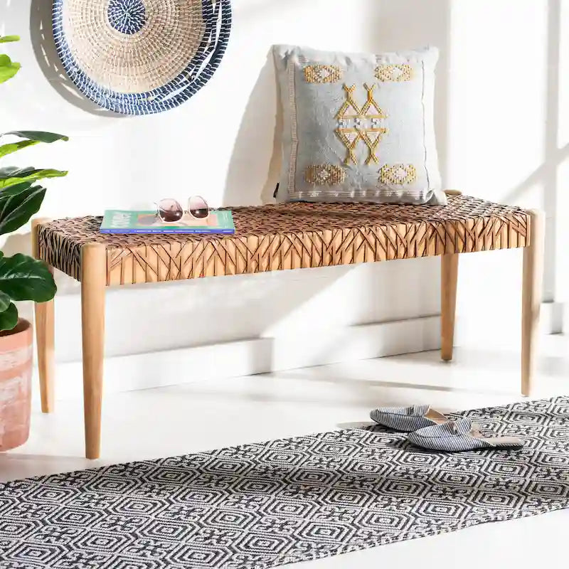 Wood and Interlaced Leather Bench - 47W x 16D x 19H