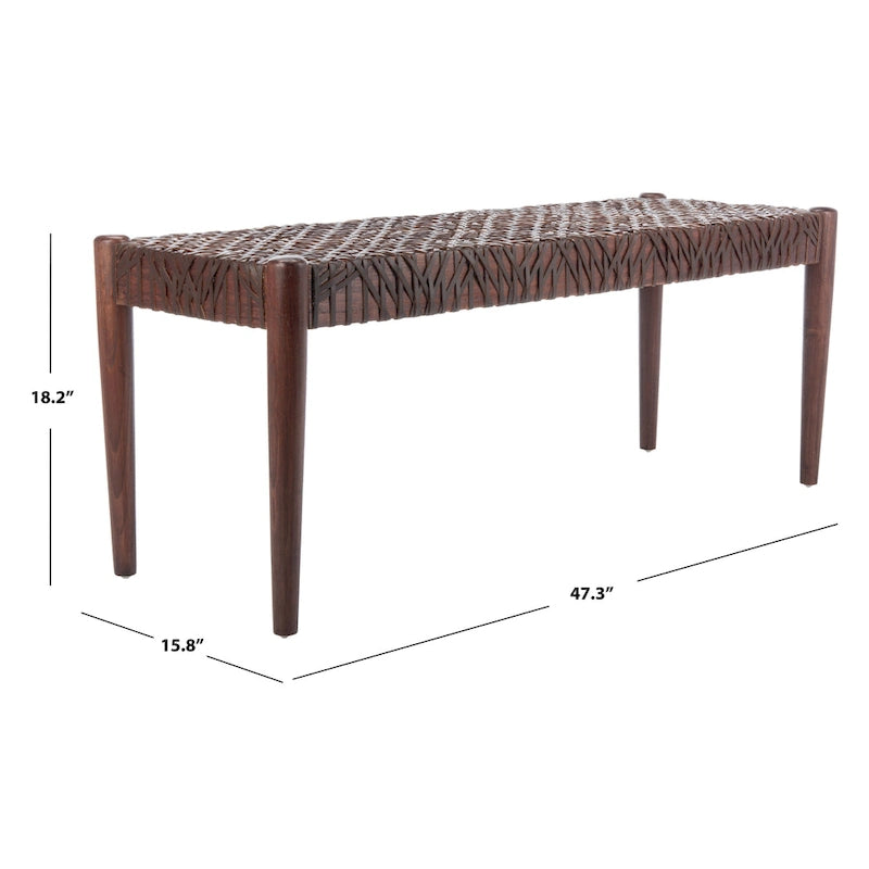 Wood and Interlaced Leather Bench - 47W x 16D x 19H