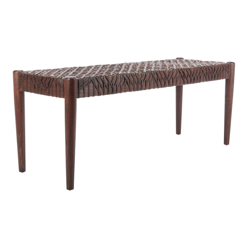 Wood and Interlaced Leather Bench - 47W x 16D x 19H
