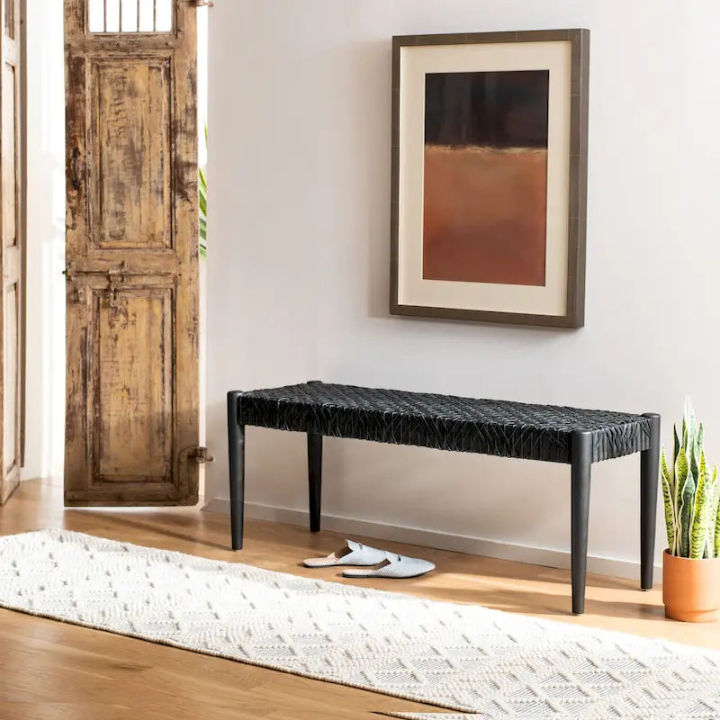 Wood and Interlaced Leather Bench - 47W x 16D x 19H
