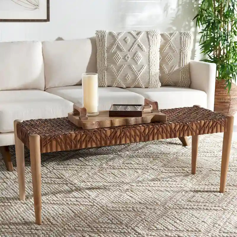 Wood and Interlaced Leather Bench - 47W x 16D x 19H