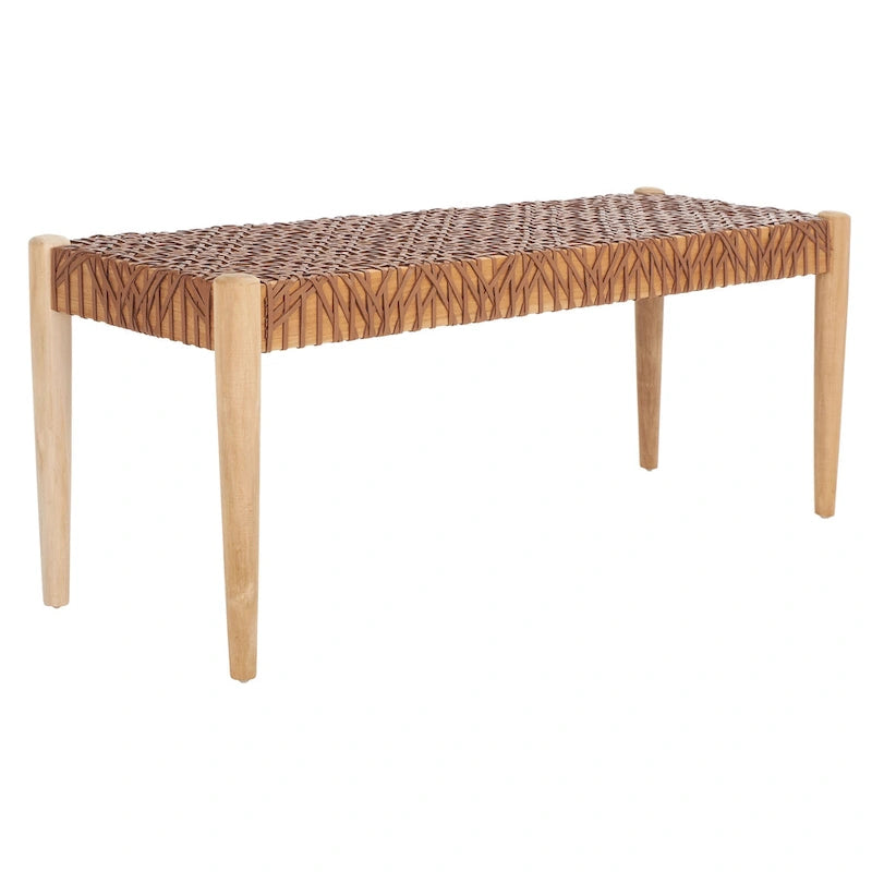 Wood and Interlaced Leather Bench - 47W x 16D x 19H